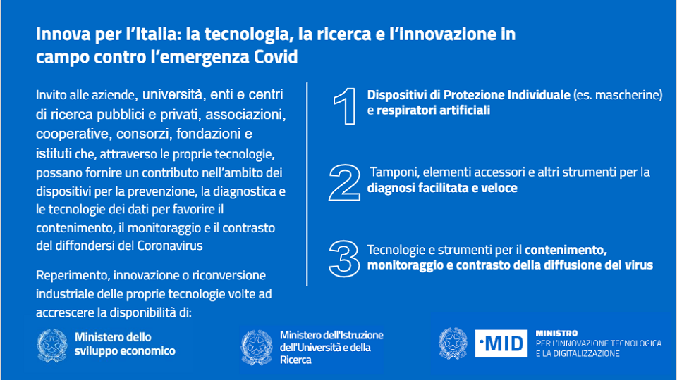 AVVISO URGENTE - Innova per l'Italia: la tecnologia, la ricerca e l'innovazione in campo contro l'emergenza Covid